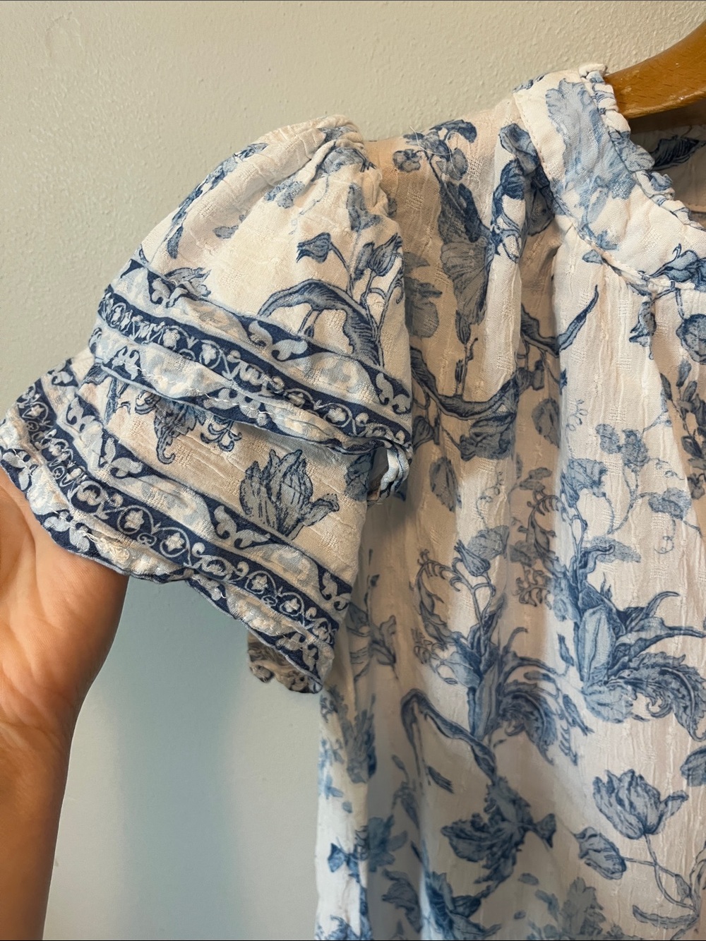 Laura Ashley Blue and White Floral Ruffle Sleeve Top - Picture 3 of 5